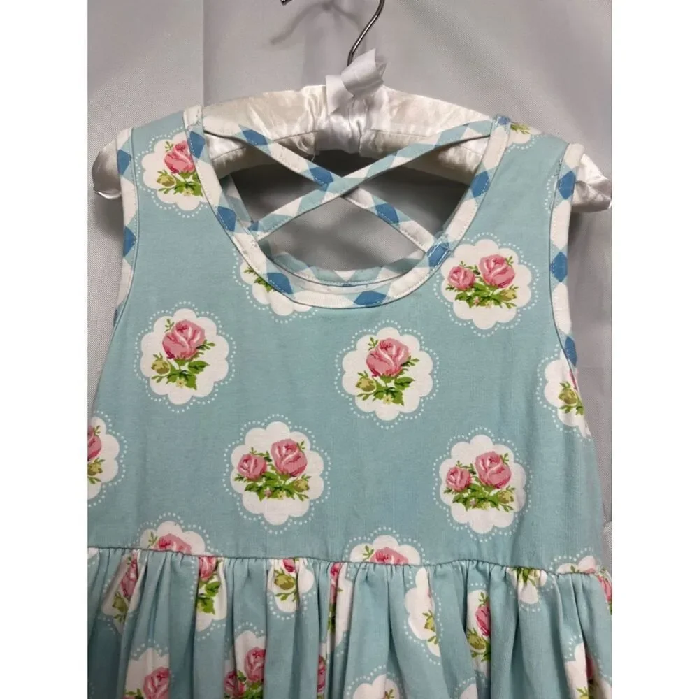 Swoon Baby blue with pink rose print ruffle hem twirl dress size 5